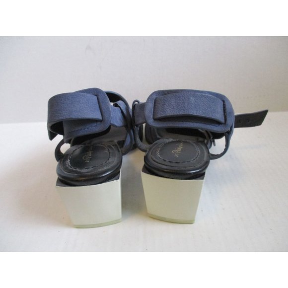 **3.1 Phillip Lim Slate Blue Suede and White Leather Strappy Block Heel Sandals - Picture 6 of 8